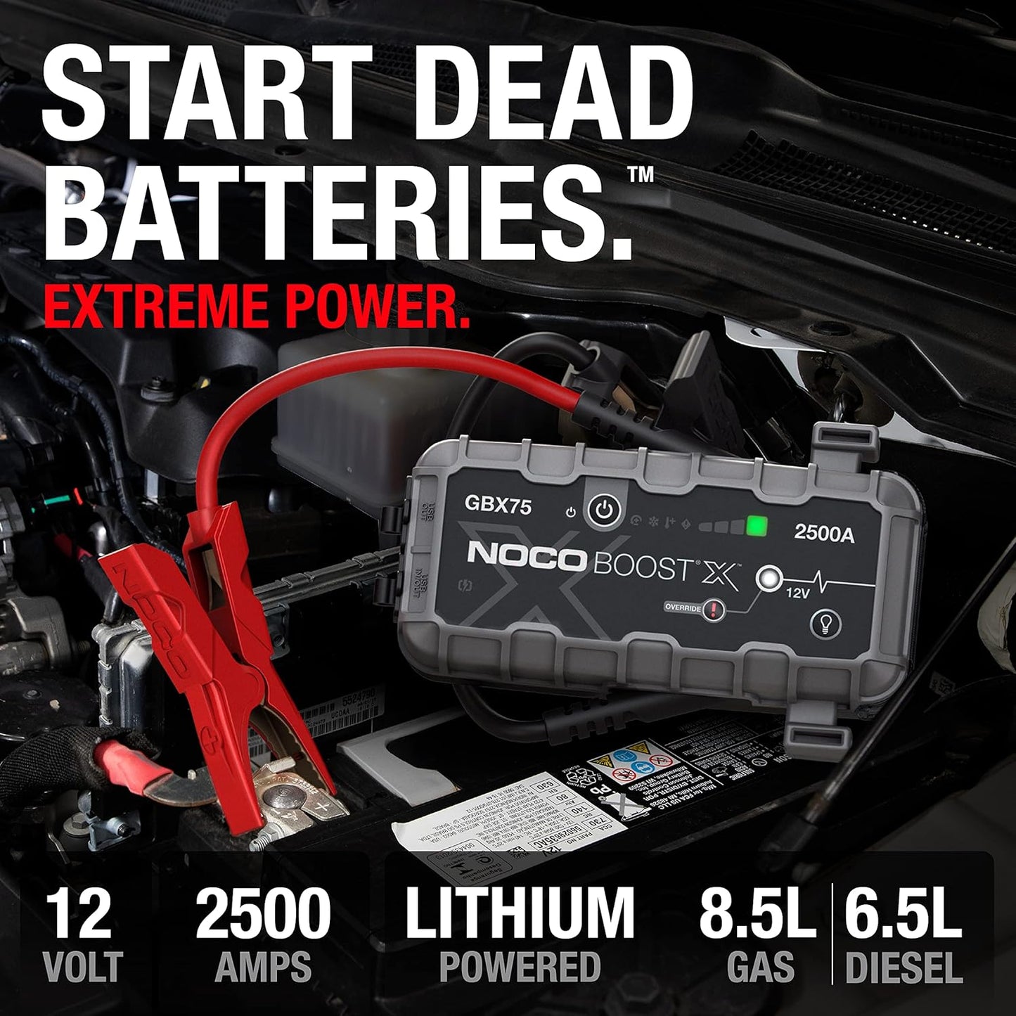 NOCO Boost X GBX75: 2500A UltraSafe Jump Starter – 12V Lithium Battery Booster Pack, Portable Jump Box, Power Bank & Jumper Cables - for 8.5L Gas and 6.5L Diesel Engines