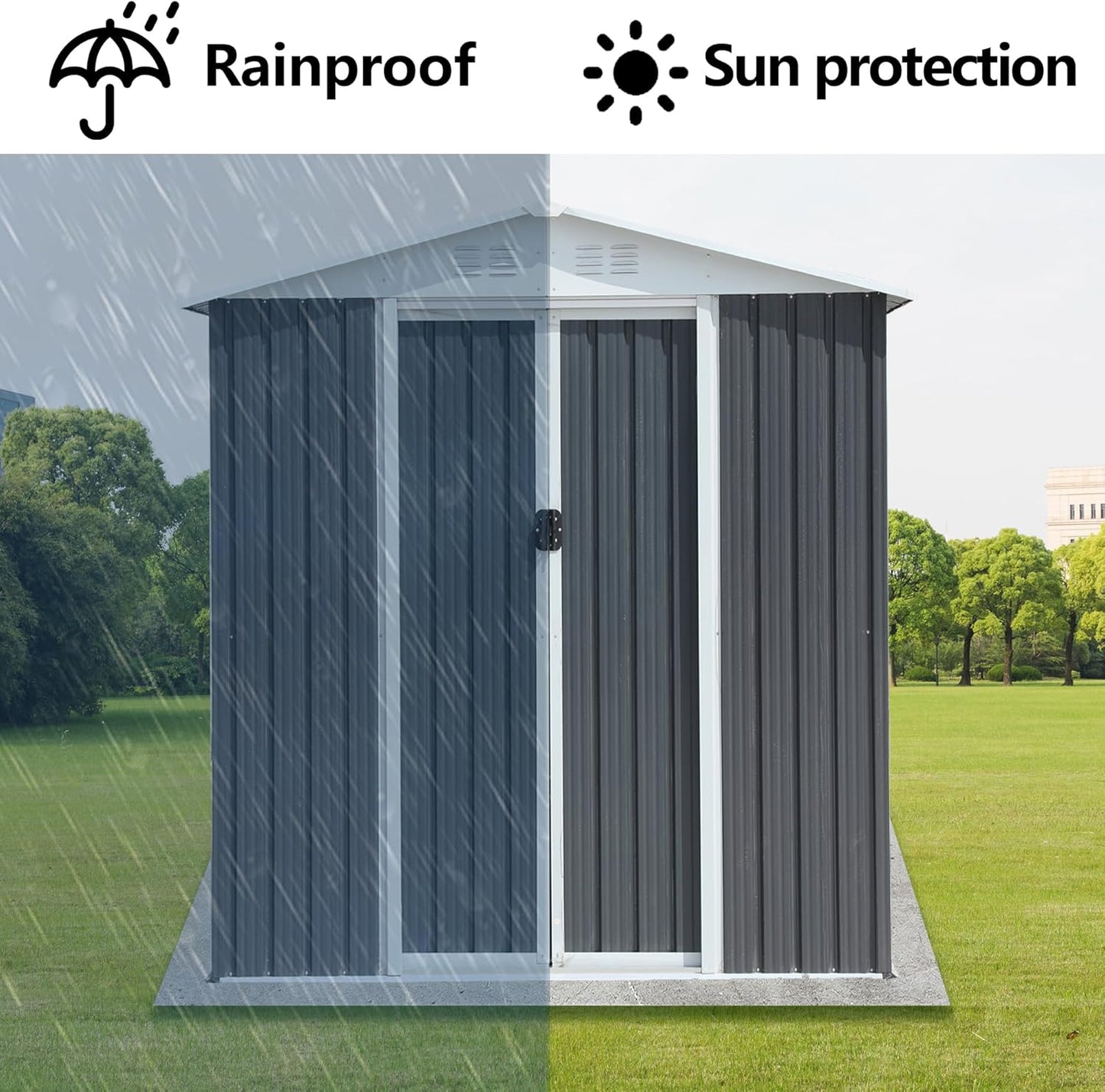 6x4 FT Outdoor Metal Storage Shed with Floor Base Frame, Waterproof Garden Sheds w/Lockable Sliding Doors and Vents, Outside Steel Tool Storage House for Backyard, Patio, Lawn, Grey