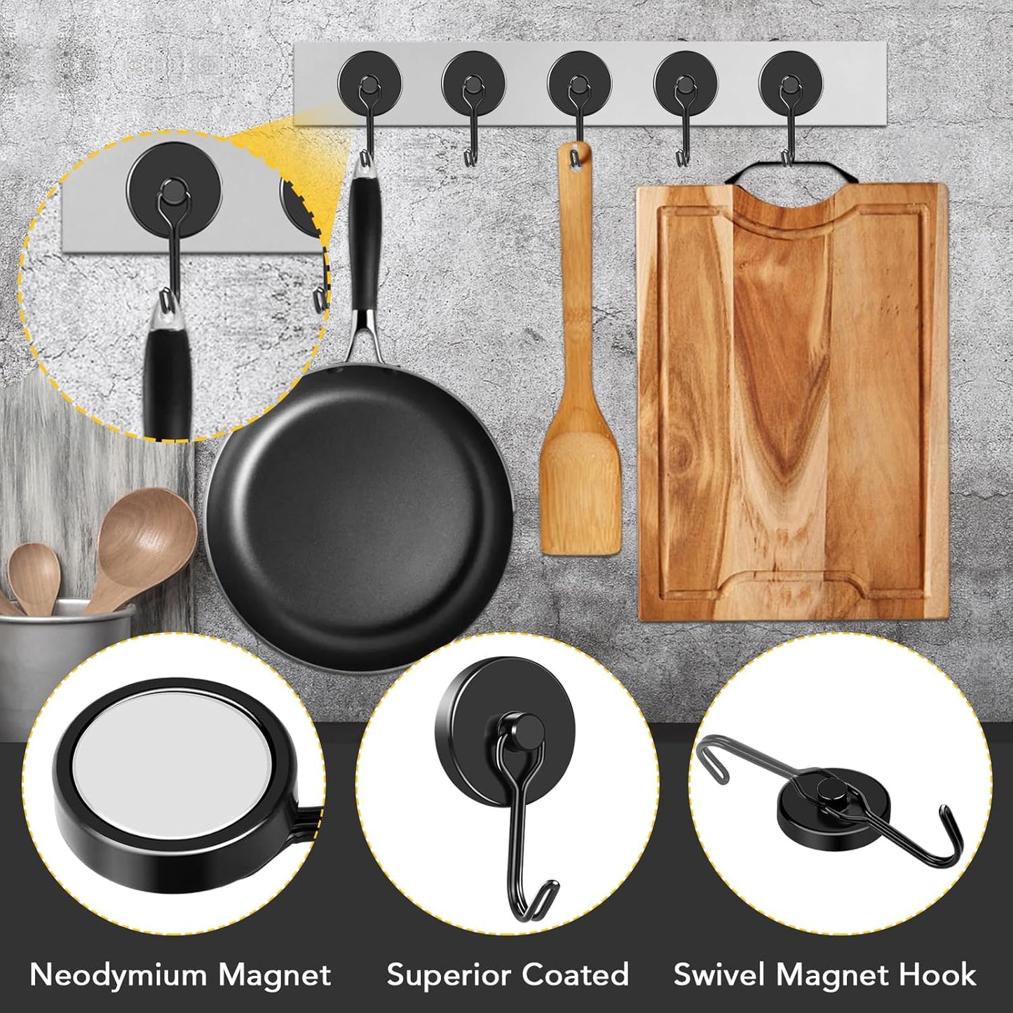 MIKEDE Black Magnetic Hooks Heavy Duty, 110LB Swivel Swing Strong Magnetic Hooks Cruise,Neodymium Hook Magnets for Hanging, Home, Workplace, Metal Door, Office and Garage - Pack of 4