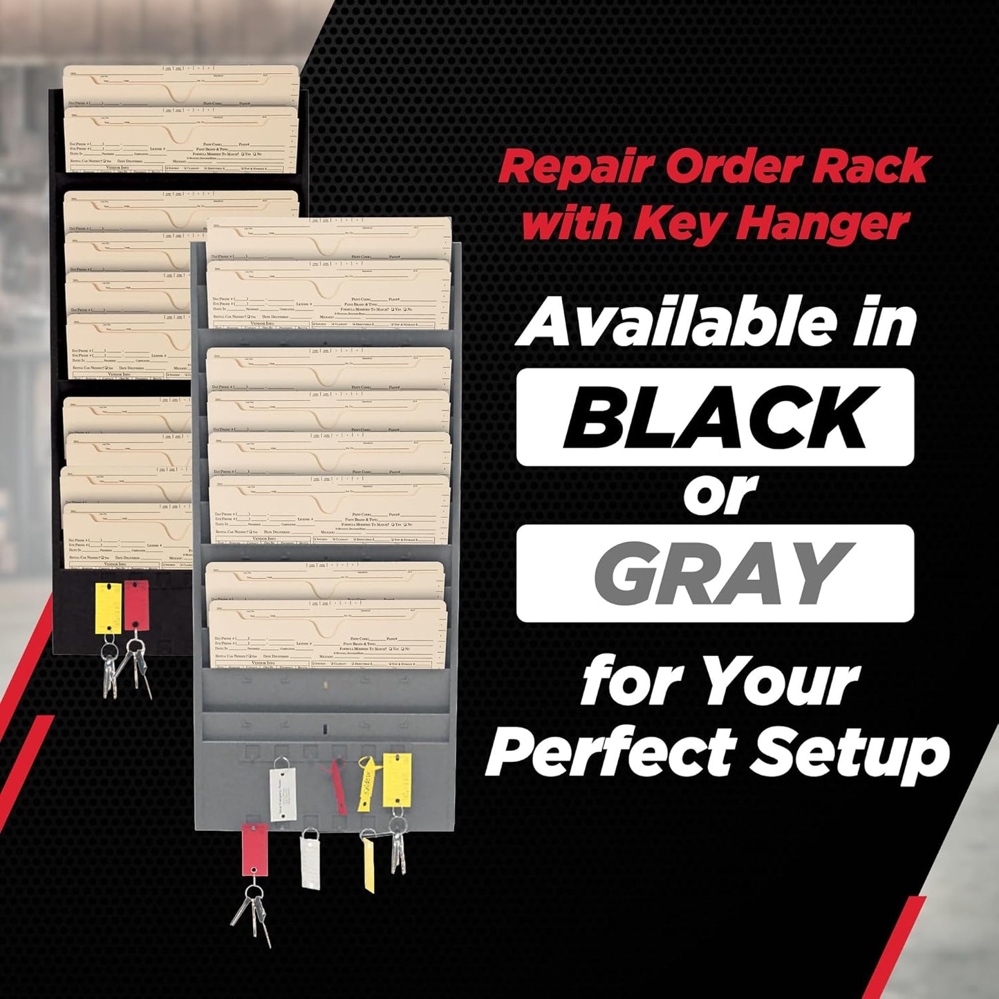 CHAMP® Repair Order Rack with Key Hanger, Heavy-Duty 12-Pocket Alloy Steel Wall Mount Organizer with 12 Key Hangers, Ideal for Auto Workshops and Garages - Gray