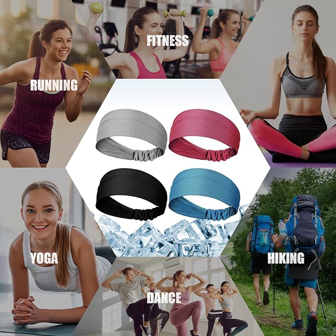 Coume 4 Pcs Cooling Headbands for Women Men Sweat Absorbing Headbands Stretchy Sports Hair Bands for Running, Yoga, Golf, Camping, Biking, Tennis