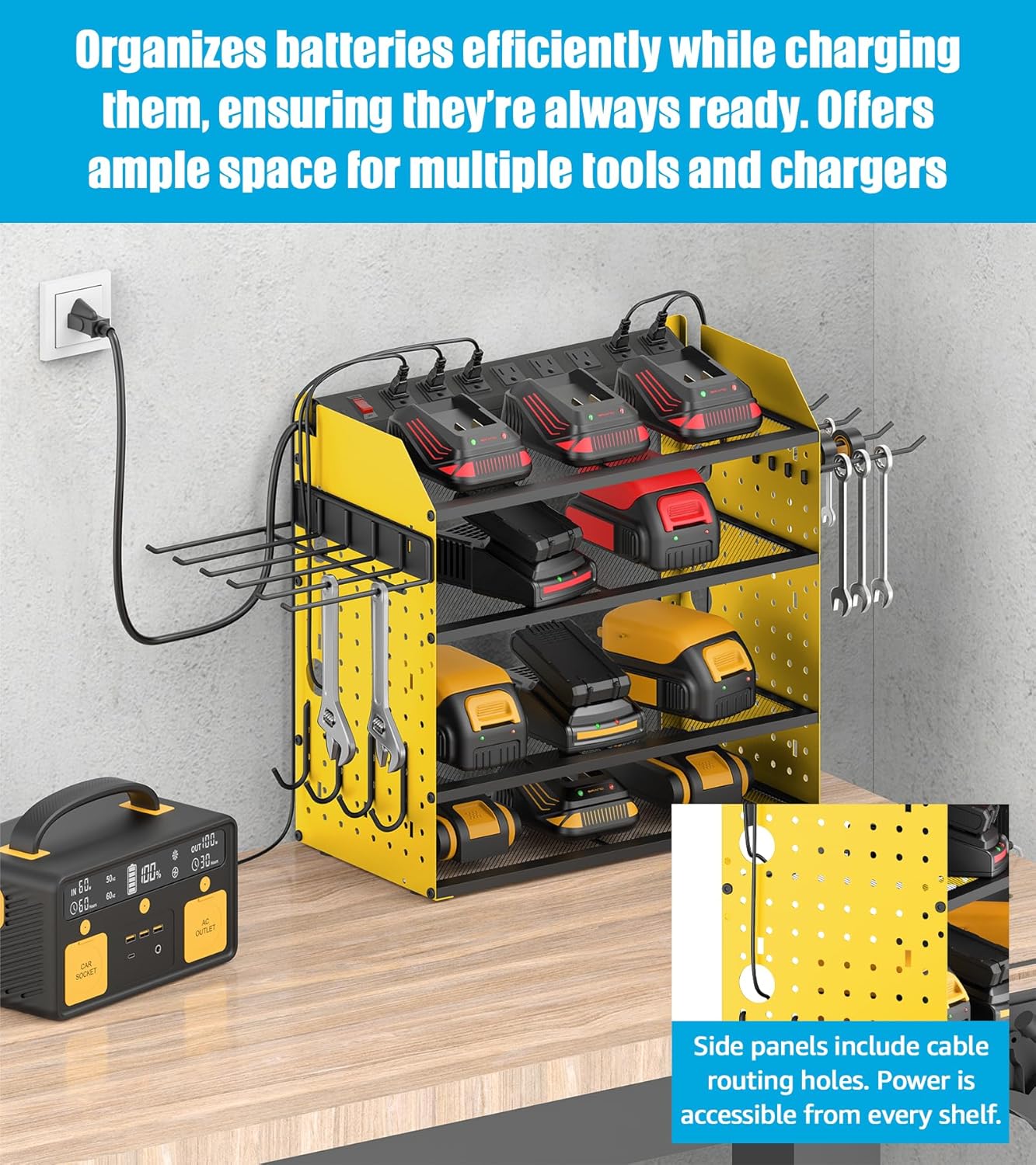 CCCEI Modular Desk Power Tools Organizer with Charging Station, 4 Layer Drills Battery Storage Wall Mount, Garage Shop Organization, Anniversary, Birthday, Gifts for Men, Father, Yellow, 6FT Cord.