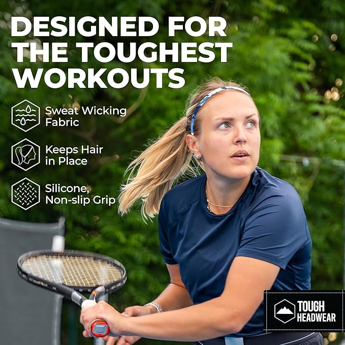 Tough Headwear Thin Elastic Headbands for Men - Sports Hair Head Band for Women & Men - Non Slip Mens Workout Headband - Running or Soccer Headband - 6-Pack