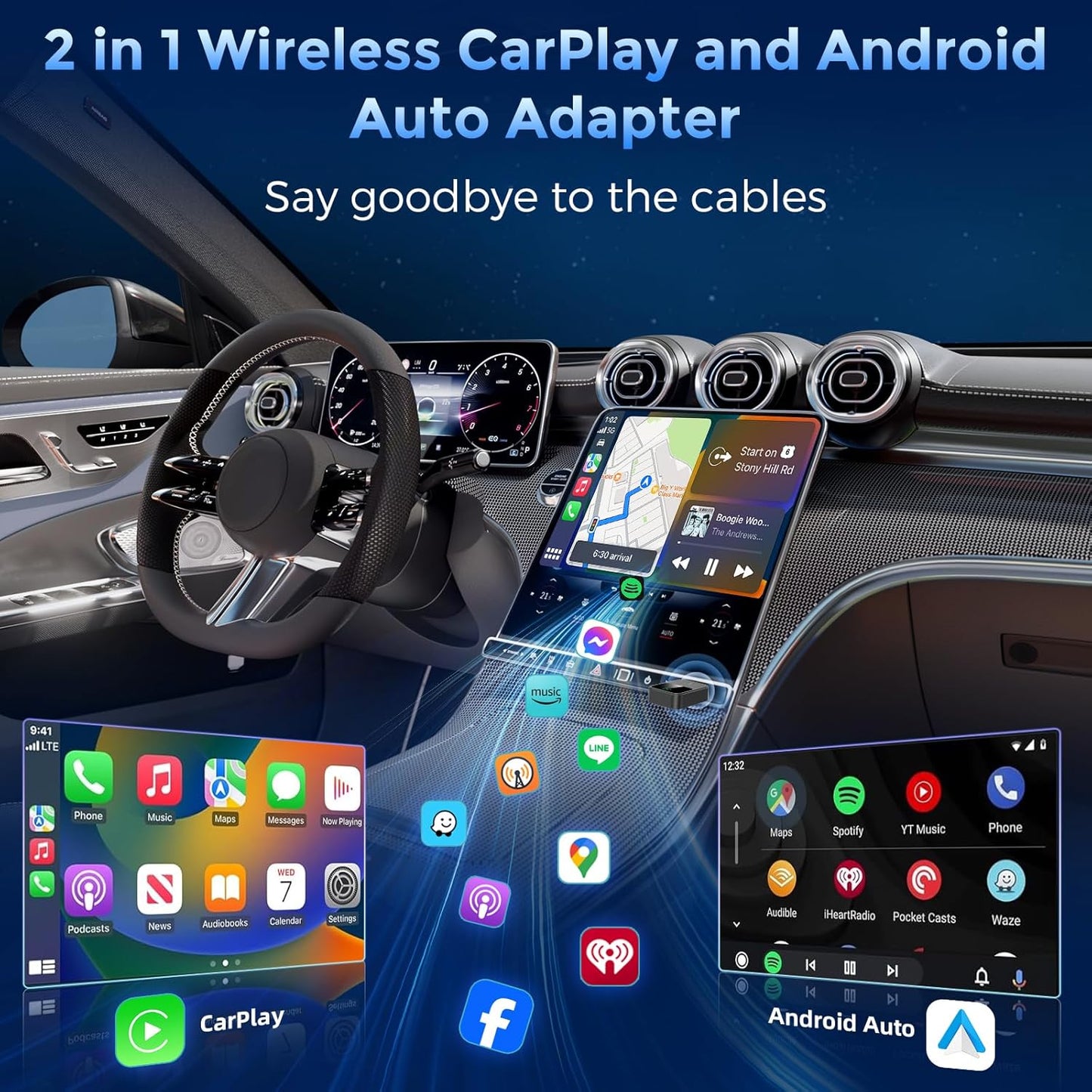 2-in-1 Wireless CarPlay & Android Auto Adapter with 1-Tap Switch & Reset, Wired to Wireless, Plug & Play USB/Type-C Dongle, Auto Connect, No Delay, Apple Car Play Wireless Adapter for iPhone & Android