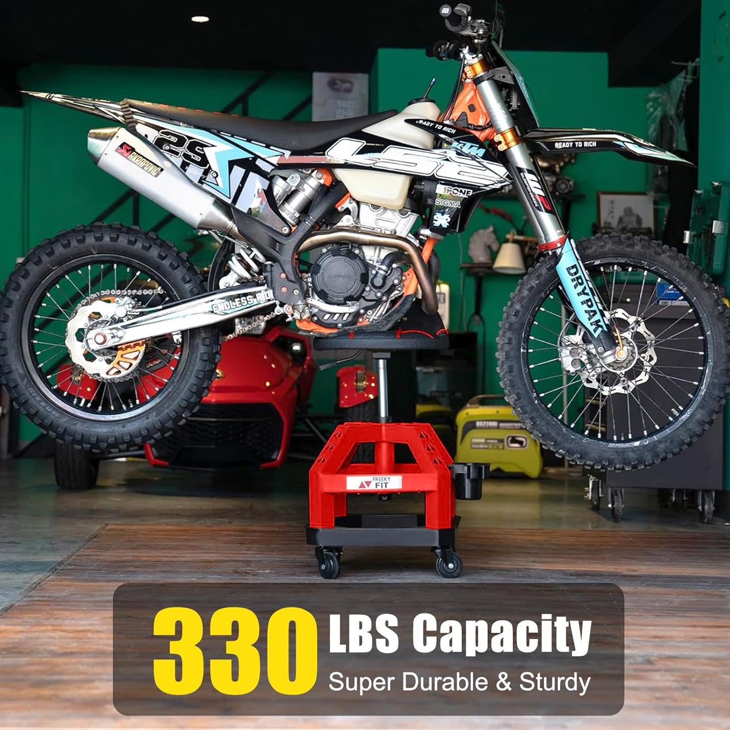 Rolling Shop Stool for Garage with Casters, DO02-Adjustable Height 360° Swivel Shop Seat with Tool Tray Storage, 330 LBS Capacity Padded Mechanic Stool, Magnetic Tool Hold, Heavy Duty, Red