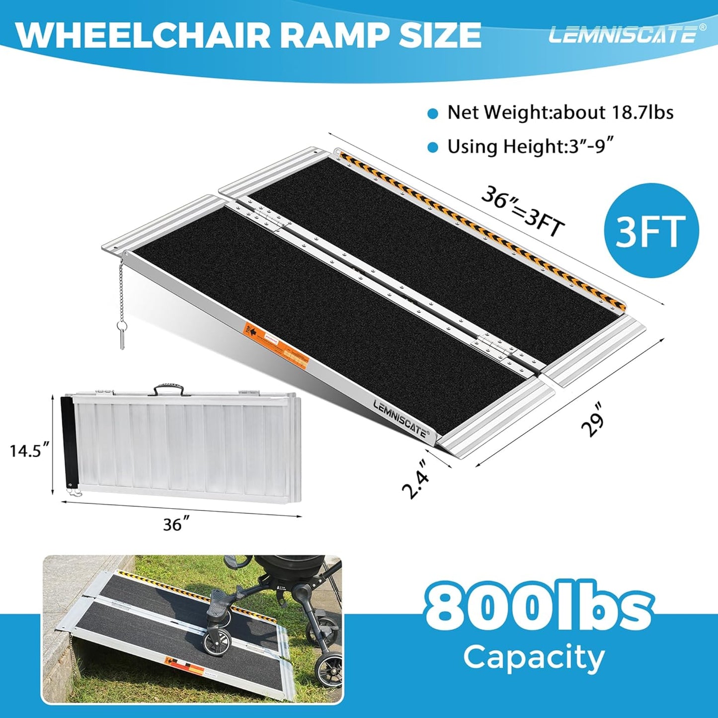 LEMNISCATE 3FT Wheelchair ramp,29.2” W,Non-Slip Portable Aluminum Wheel Chair Ramps, Folding Ramps for Wheelchair for Homes,Entry, Shed, Steps, Stairs, Handicap, Doorways, Curbs, 800LBS Capacity