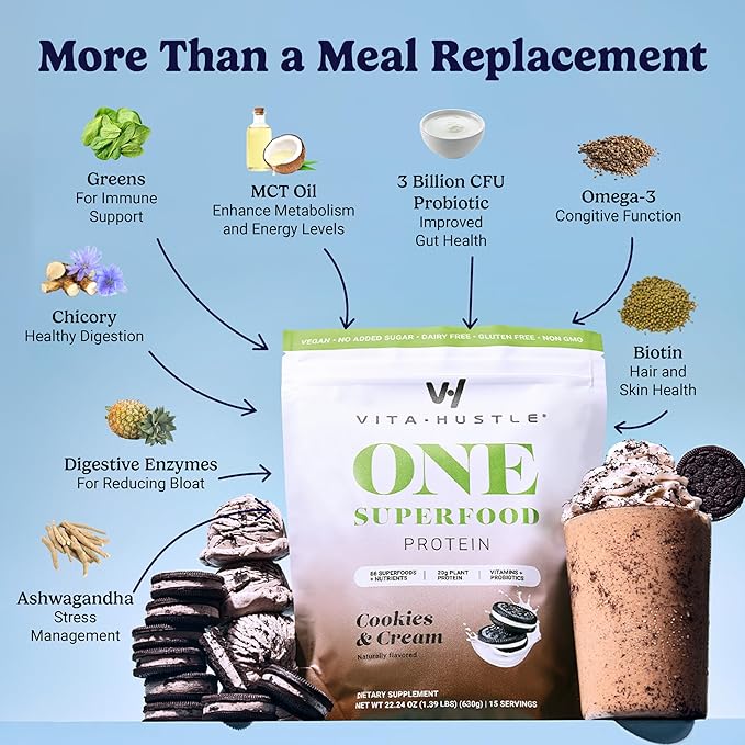 VitaHustle ONE Meal Replacement Shake - Plant Based Protein Powder by Kevin Hart - Vegan, Meal Replacement Powder with Superfoods, Vitamins, Adaptogens & Probiotics - Cookies and Cream Flavor, 15 Servings