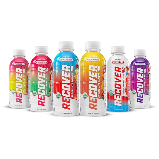 RECOVER 180 Organic Sports Hydration Drink, No Sugar Added, 15 Calorie Sports Beverage, Organic Flavors With Vitamins, Potassium-Packed Electrolytes (16.9 Fl Oz (Pack of 12), Variety Pack)