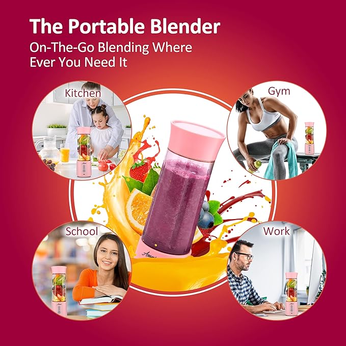 Asani Portable Mini Blender for Shakes and Smoothies, USB Rechargeable, Pink