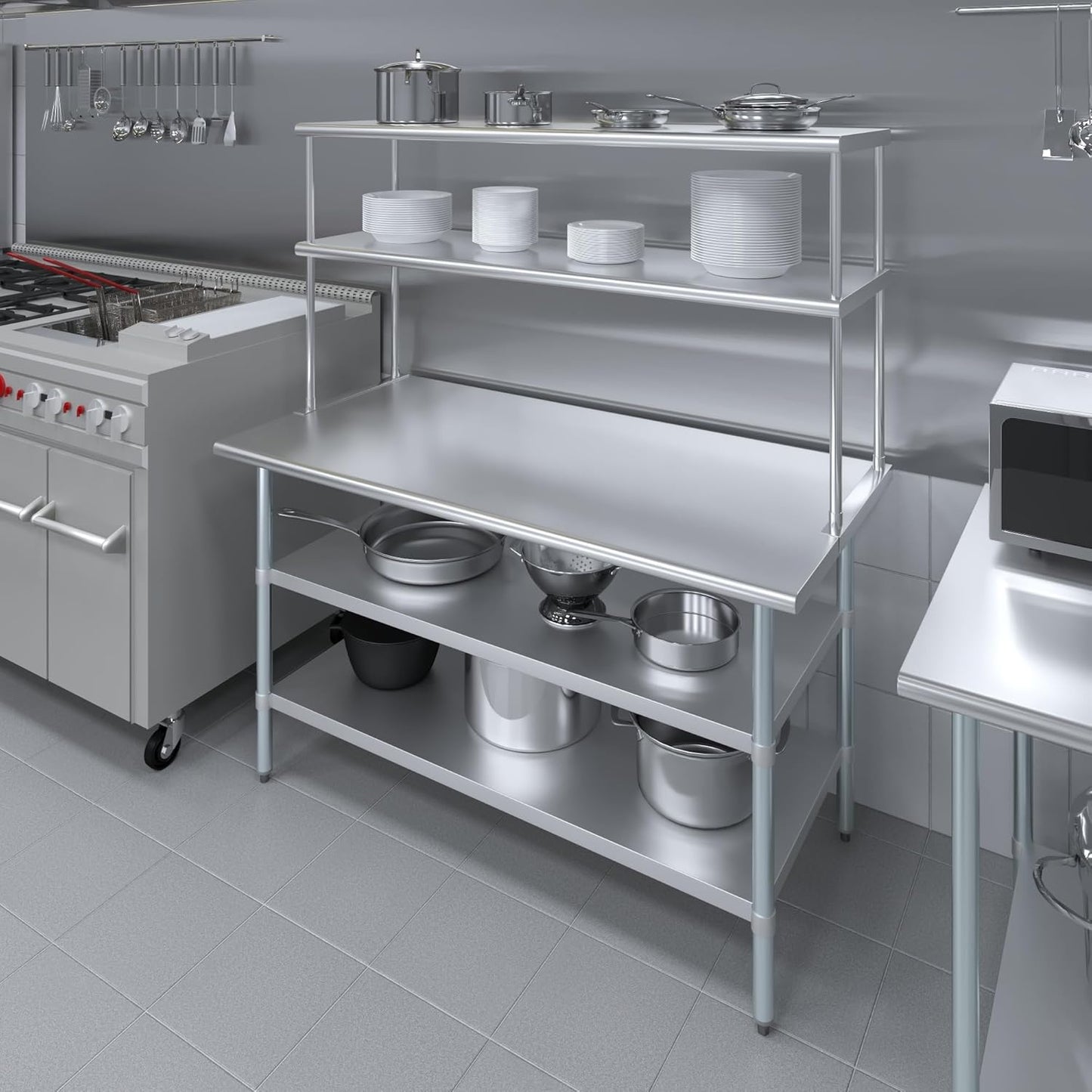 Amgood Stainless Steel Work Table with 2 Shelves | Metal Kitchen Prep Table & Shelving Combo (30" x 60" Table with 2 Shelves + 18" Overshelf)