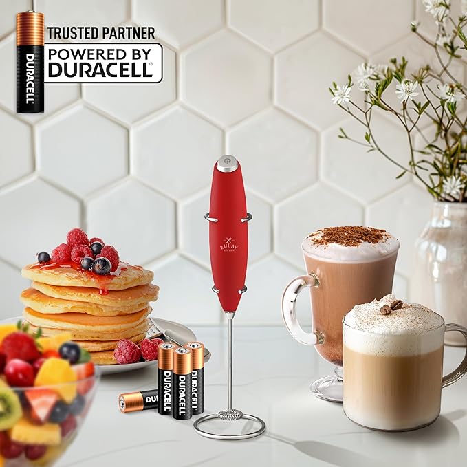 Zulay Powerful Milk Frother (4 Duracell Batteries Included) - Handheld Milk Frother Wand Drink Mixer for Coffee - Powerful Milk Foamer for Cappuccino, Frappe, Matcha & Coffee Creamer - Red