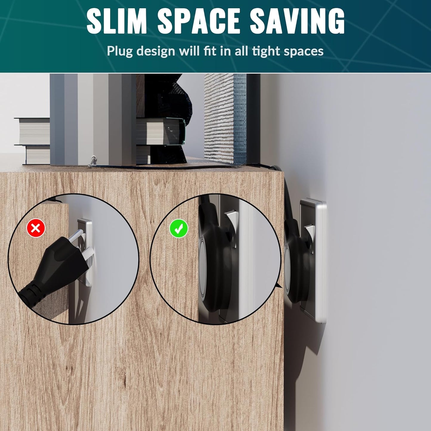 Elecan Flat Plug Extension Cord 2 Ft 2 Pack with Slim Space-Saving Plug Design, Thin Flat Cable Low Profile Power Cord 3 Prong Grounded Wire, 16 Gauge 13 A/125 V-Black-ETL Certified