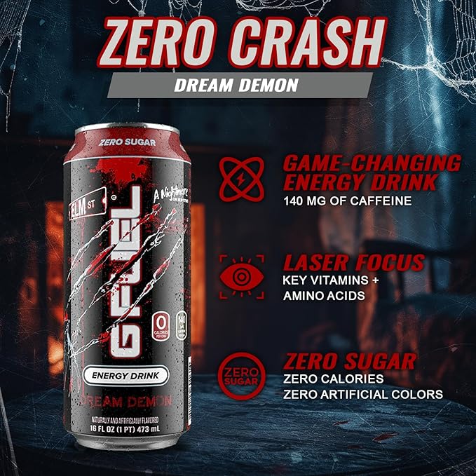 G Fuel Energy Drink, Fruit Punch, Sugar Free Beverage with 140mg Caffeine, Daily Energy Boost with Focus Amino, Vitamin + Antioxidants, 16 oz Cans (Nightmare on Elm Street, 12-Pack)