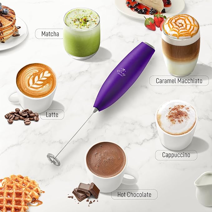 Zulay Kitchen Milk Frother Wand (2 Batteries Included) - Easy-Clean Drink Mixer - Electric Coffee Frother for Frappe, Matcha - Deep Purple