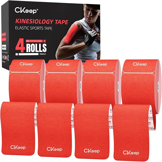 CKeep 4 Rolls Kinesiology Tape, Original Cotton Elastic Athletic Tape, 20 Precut 10" Strips Each, Red, Ideal for Muscle Support & Injury Prevention