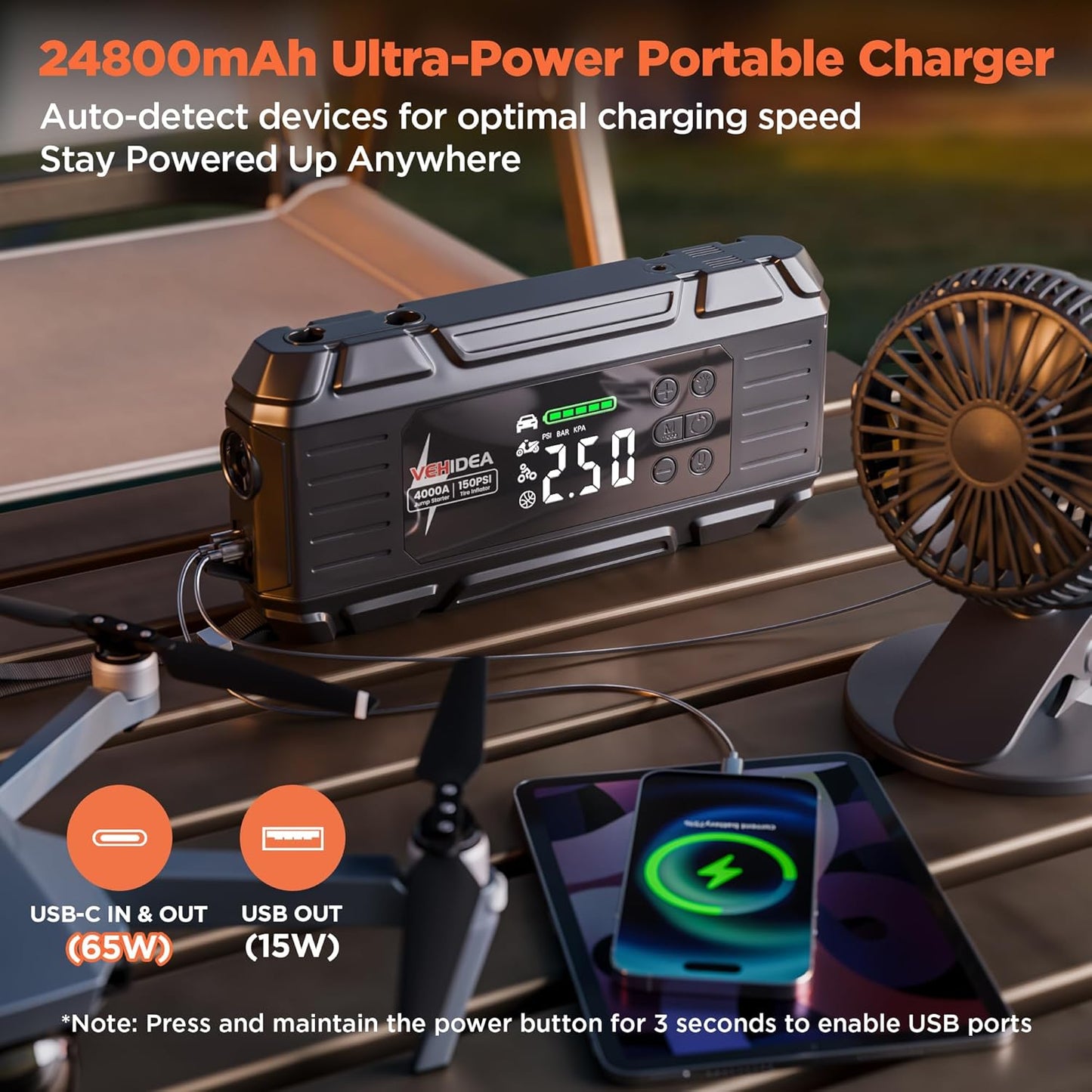 Jump Starter with Air Compressor: 4000A 150PSI Car Battery Charger - 65W Tire Inflator Portable Car Battery Jumper Starter Power Pack - Jump Box Cables (All Gas/10L Diesel) - for Automotive RV Tools