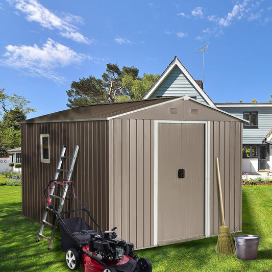 8x10 FT Outdoor Storage Shed, Metal Garden Shed with Frame Floor, Outside Tool Shed with Window, Waterproof Storage Building with Lockable Sliding Doors & Sloped Roof for Backyard, Patio, Warm Gray