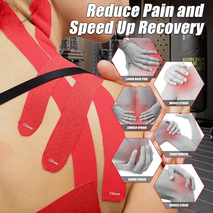 CKeep 4 Rolls Kinesiology Tape, Original Cotton Elastic Athletic Tape, 20 Precut 10" Strips Each, Red, Ideal for Muscle Support & Injury Prevention