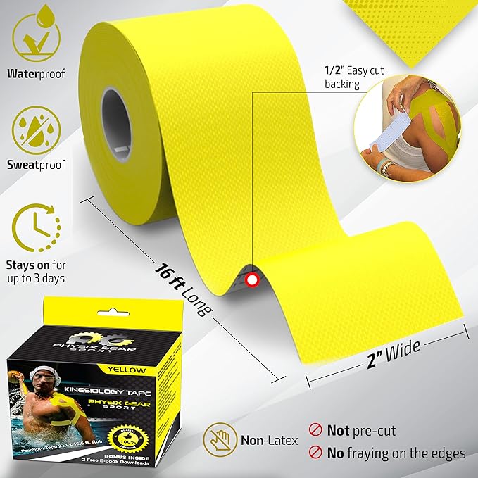 Physix Gear Cotton Kinesiology Tape Roll 16ft, Latex-Free Athletic Tape for Muscles/Joints, Waterproof Kinesiolgy, Stretchy Kinesiologytape, Gentle on Skin Kiniseaology Tape, Kinesology Tape