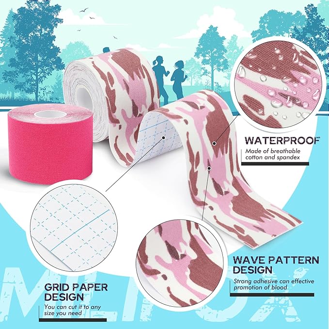 2 Rolls Kinesiology Tape, Waterproof Kinetic Tape 1.97 in x 16.4 ft, Uncut Cotton Elastic Athletic Strips for Knee, Shoulder, Ankle, Muscle Support (Pink and Pink Camouflage)