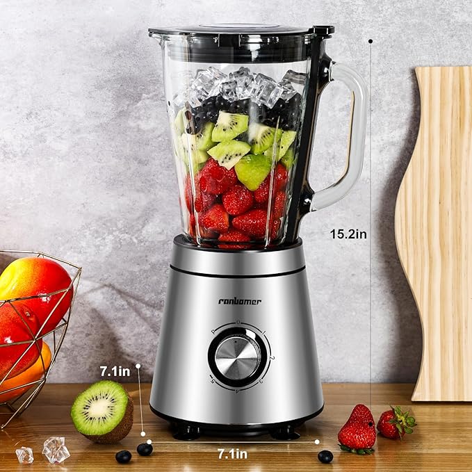 Blender,Blenders for Kitchen,Glass Blender for Shakes and Smoothies,crush ice,51oz Glass Jar,Simple Speed Dial,Black + Stainless Steel