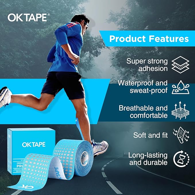 OK TAPE Synthetic Kinesiology Tape Prime, Breathable Sports Athletic Tape for Joint & Muscle Discomfort, Latex Free and Water Resistance, 1 Roll, 2in×16.4ft-Blue