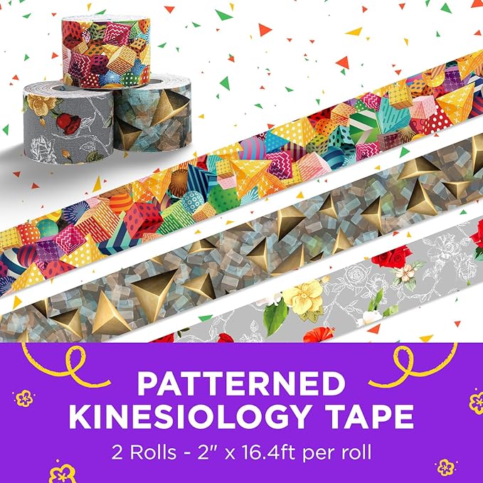 OK TAPE Patterned Kinesiology Tape, Elastic Physical Therapy Athletic Tape for Pain Relief & Muscle Support, Uncut Kinetic Tape, 2in x 16.4ft- 2 Rolls (Rose)