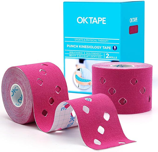 OK TAPE Perforated Kinesiology Tape for Sensitive Skin, More Breathable, Elastic Athletic Tape for Pain Relief & Muscle Support, Uncut 2 Rolls - 2in x 16.4ft (Pink)