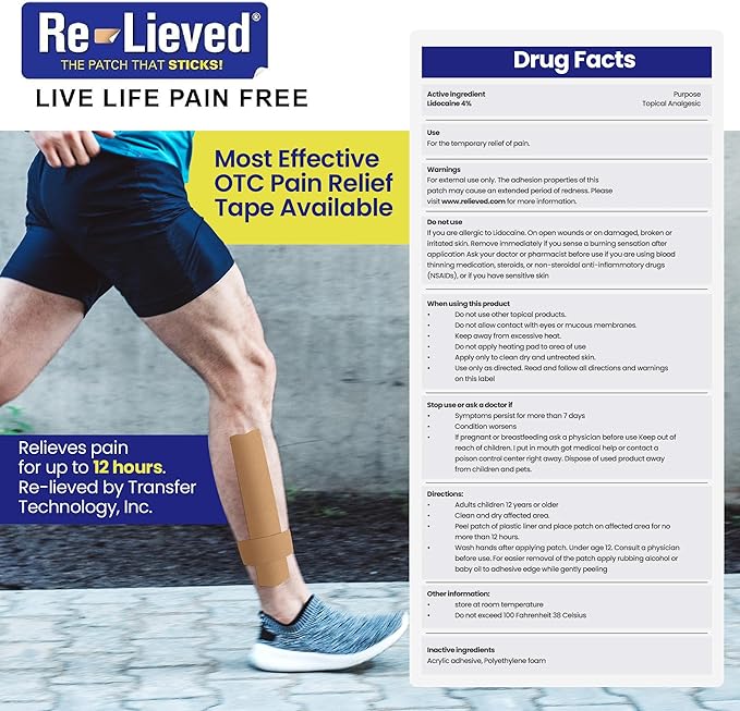 4% Lidocaine Maximum Strength Pain Relief Kinesiology Tape - Relieves Back, Joints and Muscle Pains - Superior Sticking, Aluminum-Free Water Resistant, and USA Made - 2" x 10" Strips