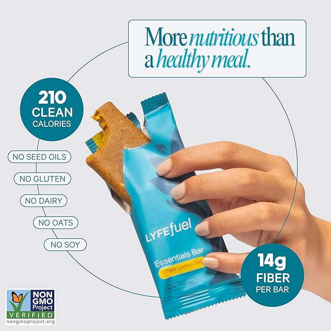Essential Nutrition Bars by LyfeFuel | Vegan Protein Bar & Low Carb Meal Replacement for Intermittent Fasting and Hunger Control | 12g Plant-Based Protein, High Fiber, MCT Oil and 21 Organic Vitamins | No Sugar Alcohols (Lemon Ginger Tart)