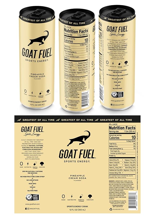G.O.A.T. Fuel Energy Drink, Co-Founded by Jerry Rice, Natural Caffeine, Electrolytes, BCAAs, Cordyceps Mushrooms & Antioxidants, Light Carbonation Pre Workout, 12 Pack, 12 FL Oz, Pineapple Cream Soda