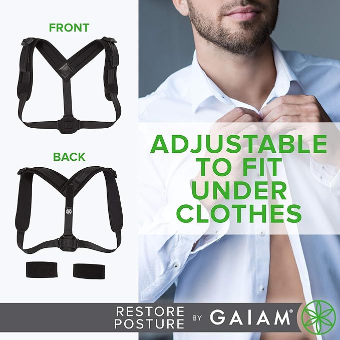 Gaiam Restore Posture Corrector for Women & Men - Back Straightener Adjustable Straps Compact Brace Support for Clavicle, Neck, Shoulder, Invisible Pain Relief
