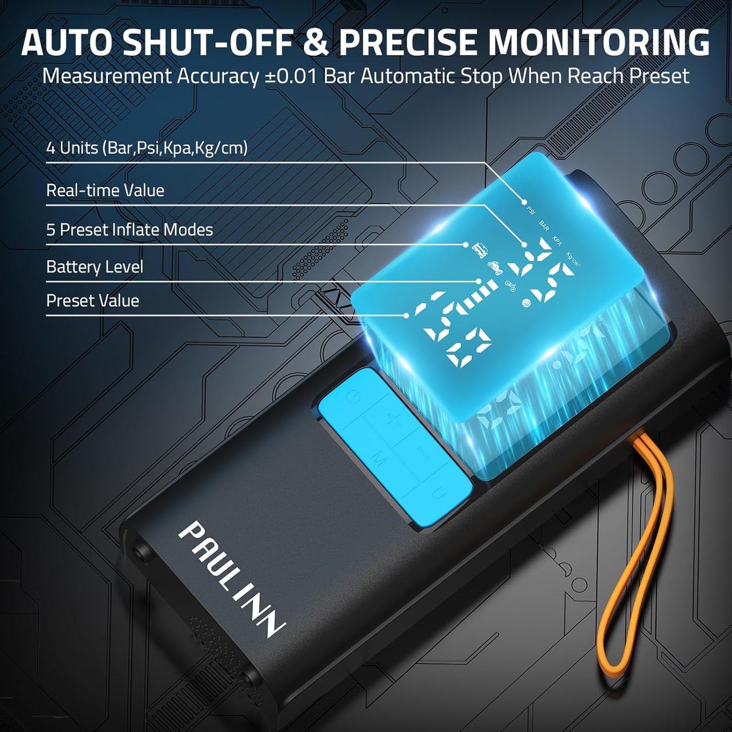 Tire Inflator Portable Air Compressor, 3X Faster 150 PSI 15000mAh Cordless Air Pump for Car with Gauge Dual LCD Display, LED Light & Auto Shut-Off, Portable Tire Inflator for Car/Motor/Bicycle/Ball