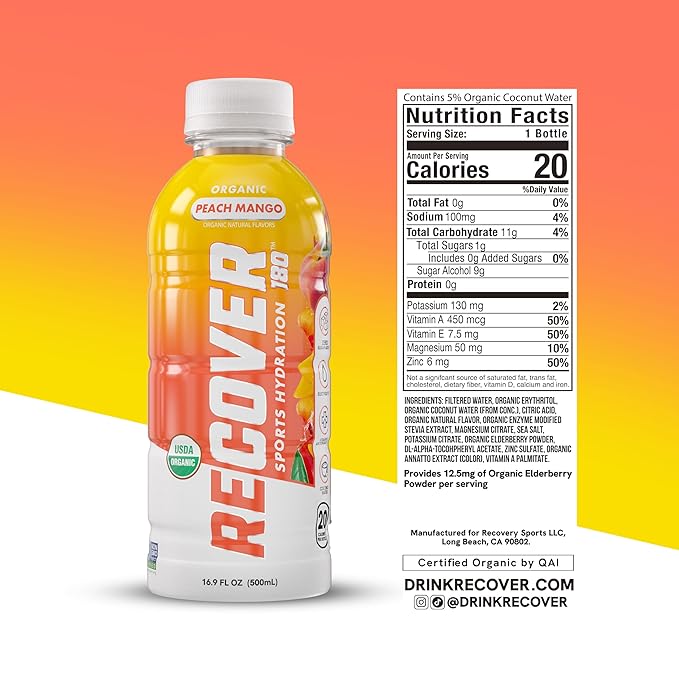 RECOVER 180 Organic Sports Hydration Drink, No Sugar Added, 20 Calorie Sports Beverage, Organic Flavors With Vitamins, Potassium-Packed Electrolytes (16.9 Fl Oz (Pack of 12), Peach Mango)