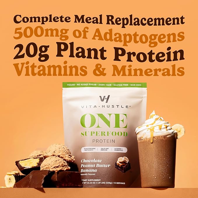 VitaHustle ONE Meal Replacement Shake - Plant Based Protein Powder by Kevin Hart - Vegan, Meal Replacement Powder with Superfoods, Vitamins, Adaptogens & Probiotics -Choc Peanut Butter Banana Flavor, 15 Servings