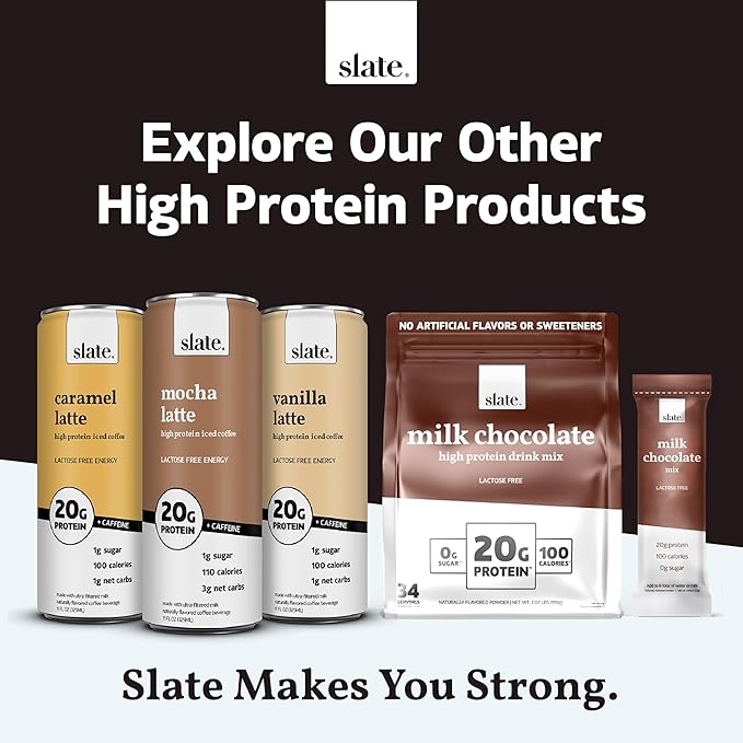 Slate Milk - High Protein Milk Shake - Core Variety Pack - Classic Chocolate, Dark Chocolate, French Vanilla - Lactose Free, 20g Protein, 1g Sugar, 100 Calories, 1-2g Net Carbs - 11 fl oz, 12 Cans