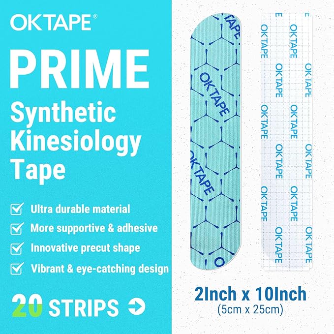OK TAPE Synthetic Kinesiology Tape, 20 Strips, Precut K Tape, Performance Elastic Athletic Tape for Pain Relief & Muscle Support, Waterproof, 2" x 10" -Blue