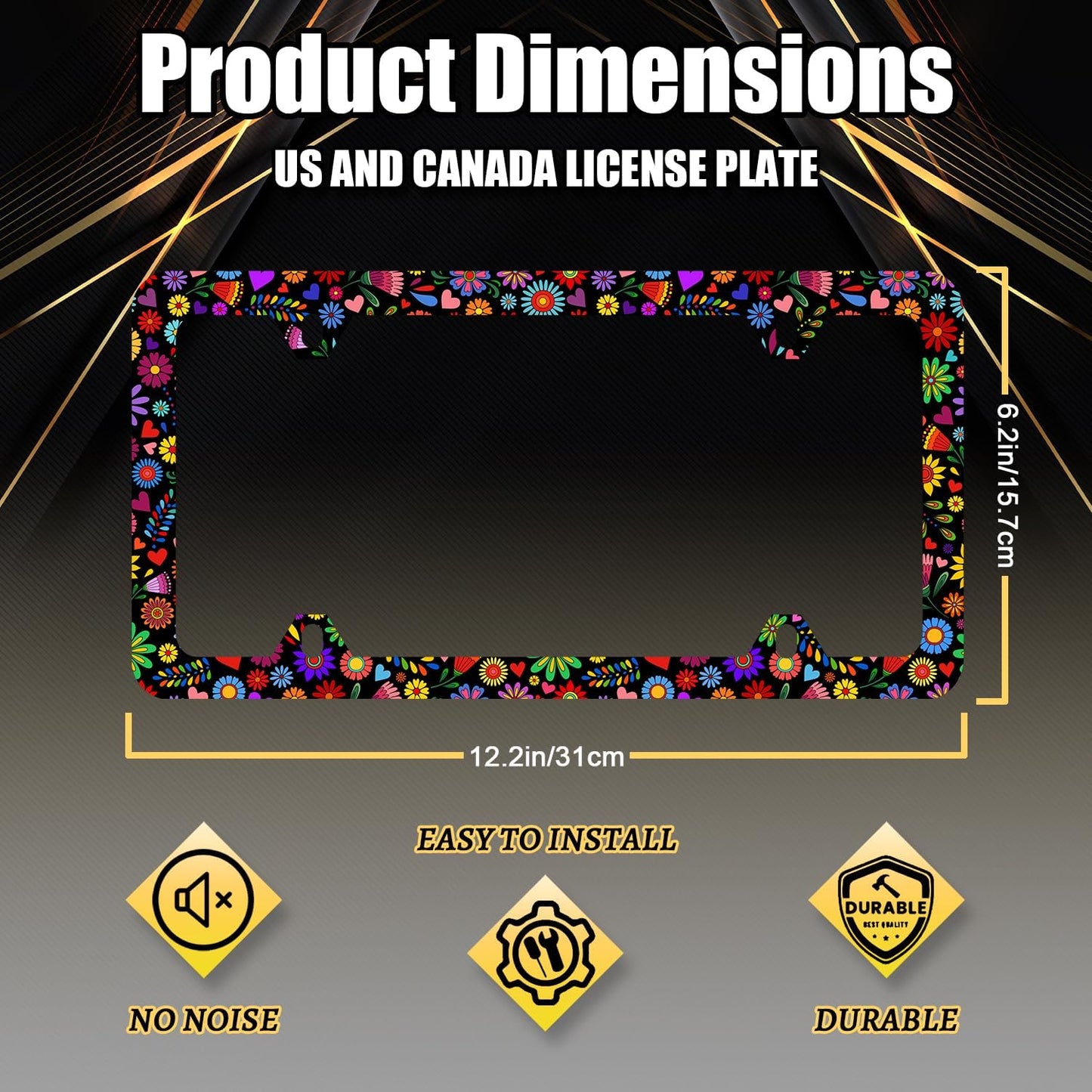 Abstract Flowers License Plate Frame Bright Colorful Art Floral License Plate Stainless Steel Flowers Car Accessory Funny License Plate Decoration Women Size 12.2" x 6.2" with Screws