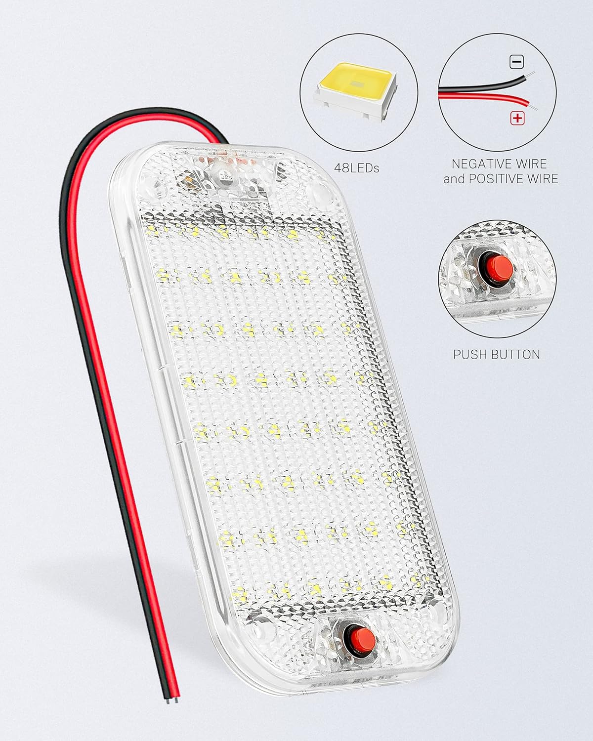 Dome Light for RV Interior, 48LED 800LM Ultra Bright 12 Volt LED White Lights, RV Ceiling Light with Switch Control, Ideal for Car Van Truck Camper Lorry Motorhome Boat(2 Pack)
