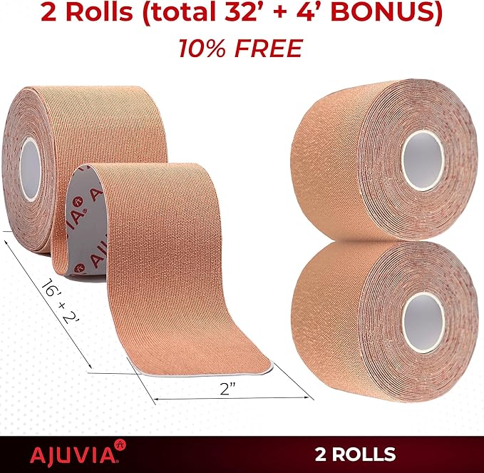AJUVIA Synthetic Kinesiology Tape, 2 Uncut Rolls, 10% Bonus Pack, Lasts up to 14 Days, Hypoallergenic and Waterproof K Tape for Muscle Pain Relief and Joint Support