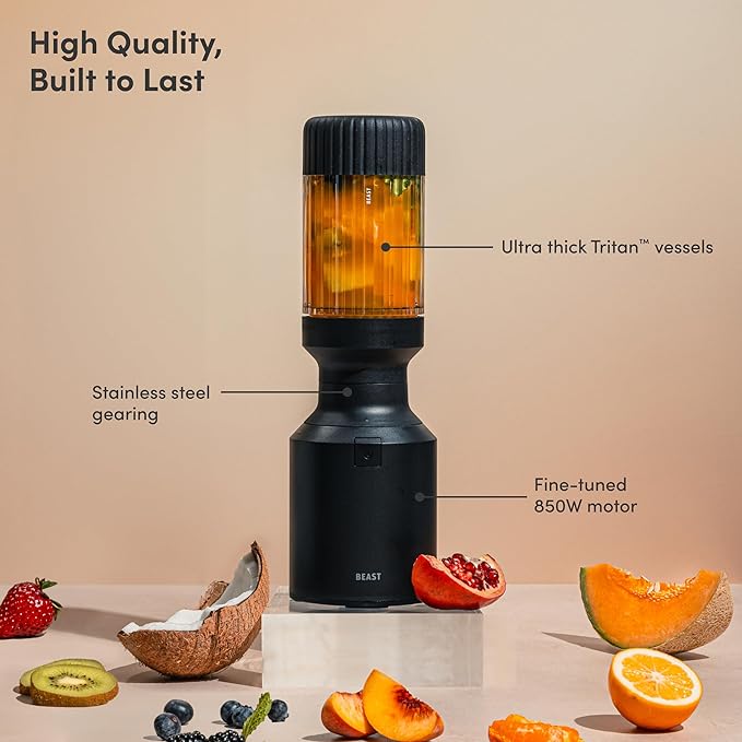 Beast Mighty 850 Plus | Premium Compact Personal Blender | Smoothies, Shakes, Dressings, Sauces | Blends Ice and Frozen Fruit | New XL Vessel | Extra Vessels, Lids and Straws | 850W (Carbon Black)
