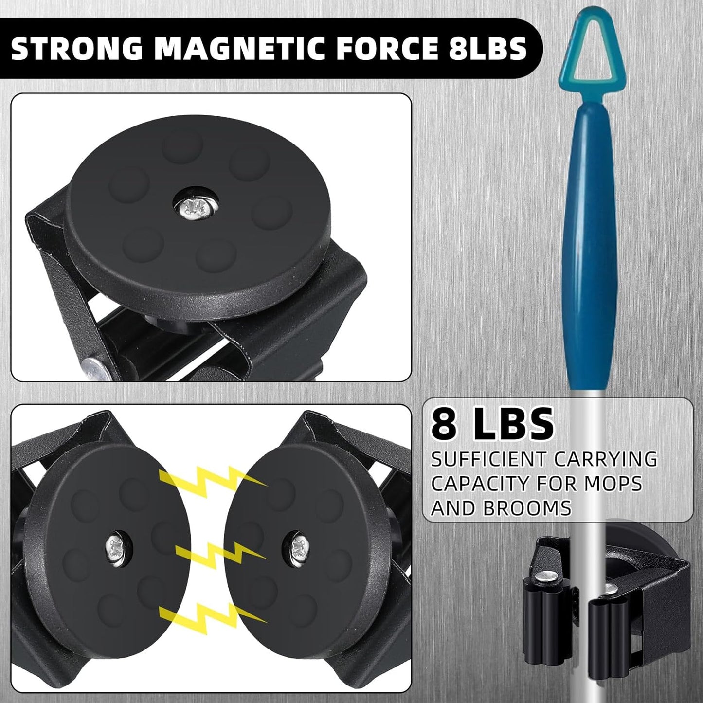 8 Pcs Magnetic Mop Broom Holder Movable Magnetic Broom Holder Rack, Anti Slip Wall Mounted Utility for Cleaning Tools, Garage, Kitchen, Laundry, Garden (Black)