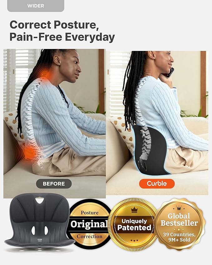 Curble Wider(Standard Wide) – Ergonomic Lower Back Support, Lumbar Support Back Posture Corrector for Low Back Pain Relief, Perfect for Home Office Desk Chair, and Floor Seat, Patented (Black)