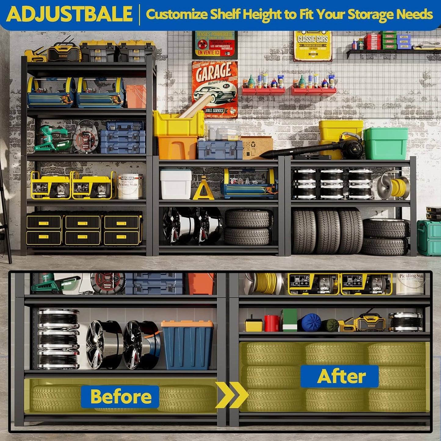 72''H Garage Shelving Heavy Duty, 2800LBS Storage Shelves, 5-Tier Adjustable Metal Shelve Storage Shelf Rack, Industrial Shelving Unit for Garage, Warehouse, Basement (47" W x 19.7" D x 72" H)