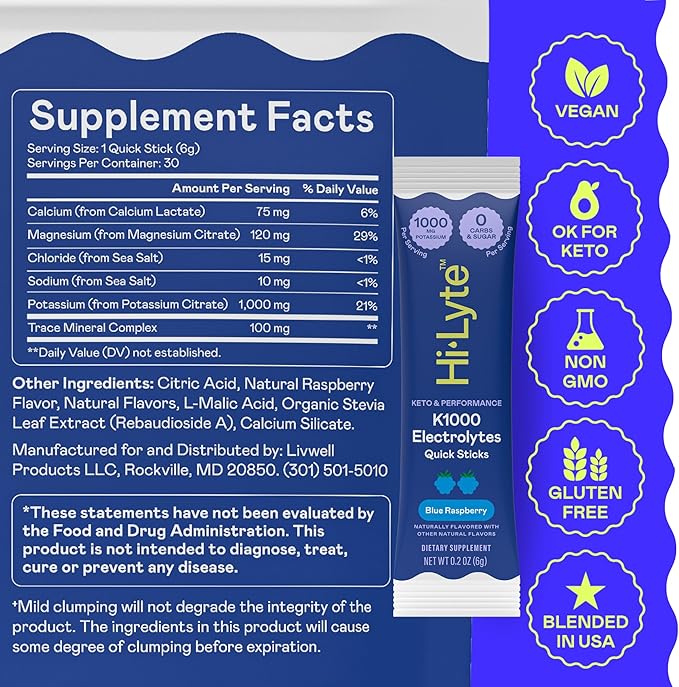 Hi-Lyte Keto & Performance - K1000 Electrolyte Quick Sticks - Blue Raspberry - 1000mg Potassium, Magnesium, Calcium - Single-Serve Packets for Keto Hydration Support - No Sugar, No Carbs