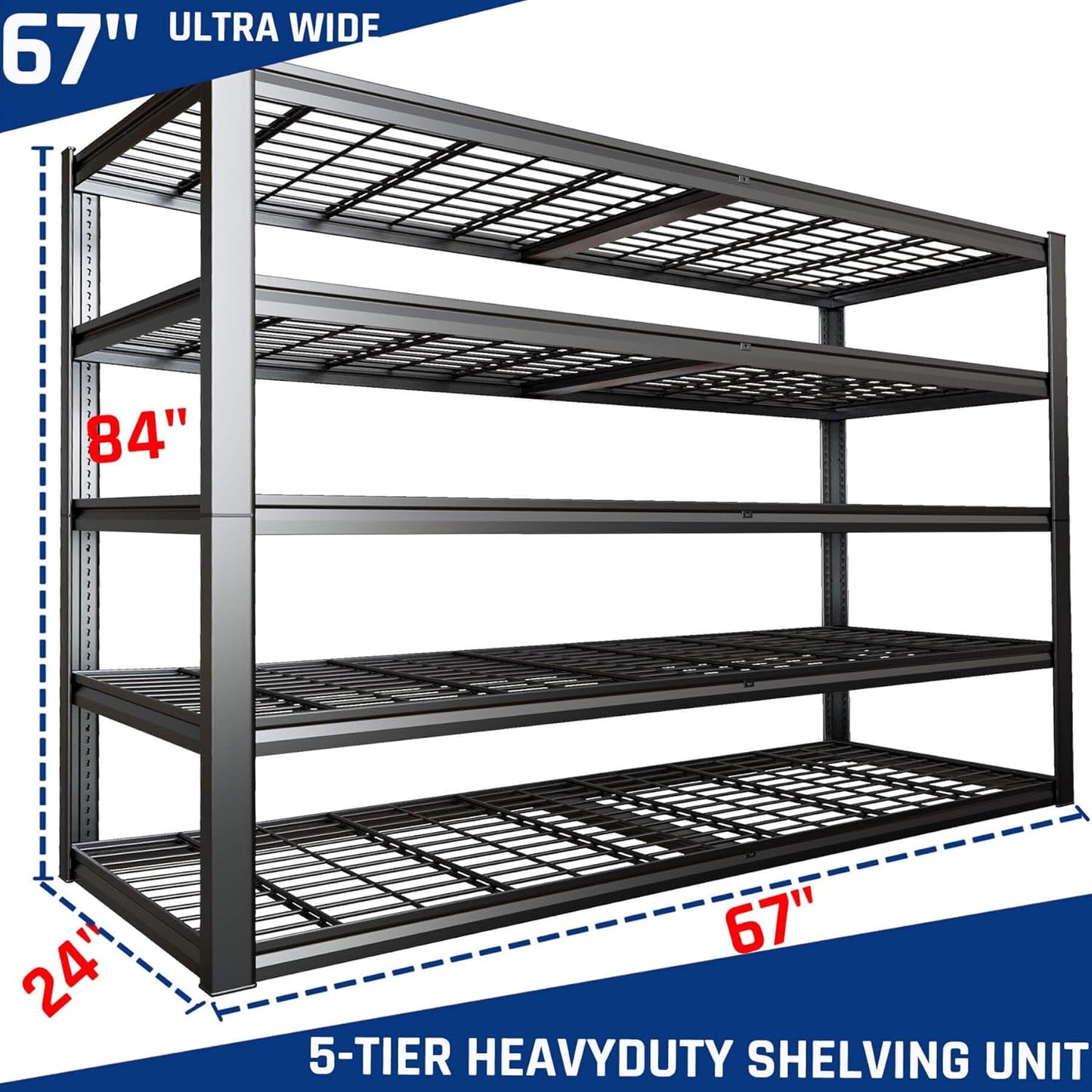 67" Wide 5-Tier Garage Shelving Unit, 67" W x 24" D x 84" H, Heavy Duty Garage Storage Shelves,3500 LBS Capacity, Industrial Adjustable Shelves for Basement Warehouse