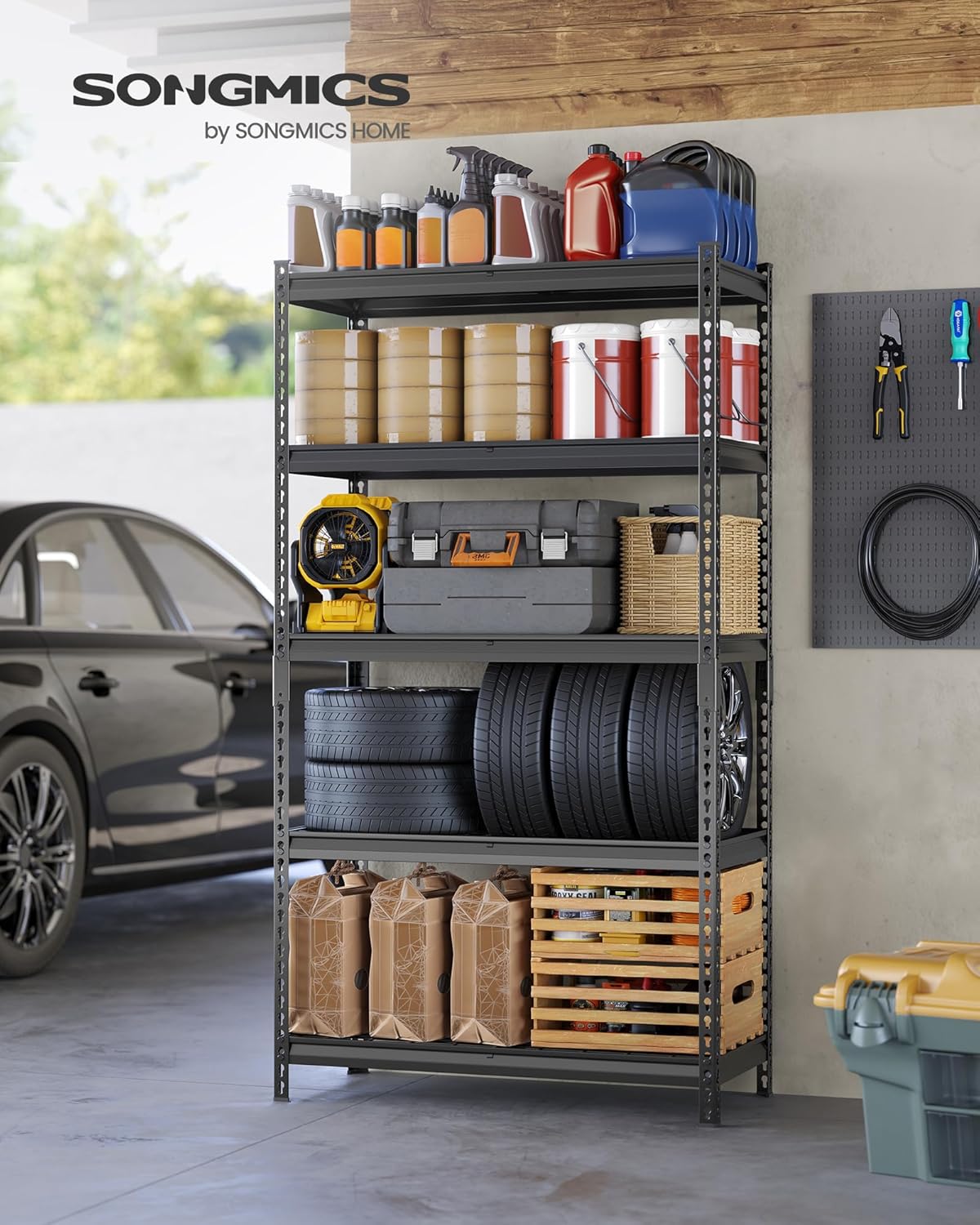 SONGMICS 5-Tier Storage Shelves Set of 2, Heavy-Duty Garage Shelving, Adjustable Shelving Unit, Steel Shelf, Boltless Assembly, for Garage, 2,250 lb Load, 18 x 72 x 72 Inches, Ink Black UGLR453B02