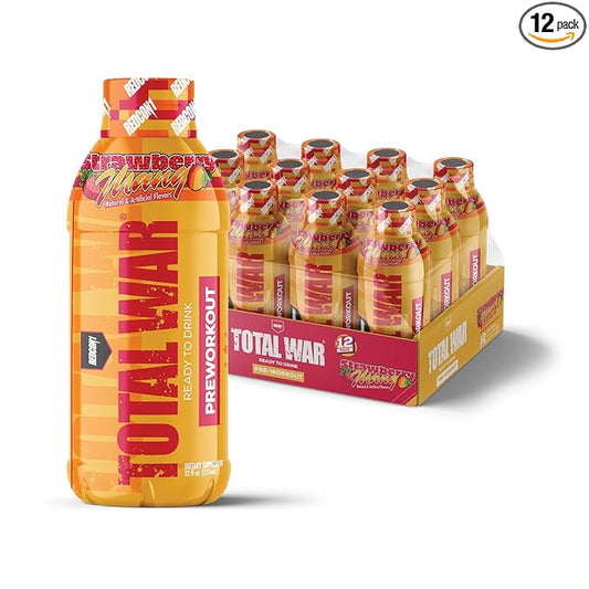 REDCON1 Total War Ready to Drink Pre Workout, Strawberry Mango - Endurance Boosting, Keto Friendly RTD Formula - Amino Acid + Citrulline Malate Pre Workout Drink for Men & Women (12 Servings)