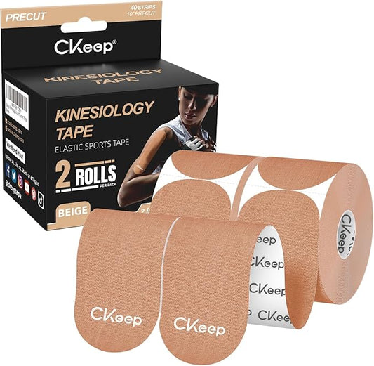 CKeep Kinesiology Tape, 2 Rolls Cotton Latex Free Hypoallergenic Elastic Precut Strips, 2 Inch Wide Waterproof Athletic Tape for Knees Pain Injuries Sprains, Beige