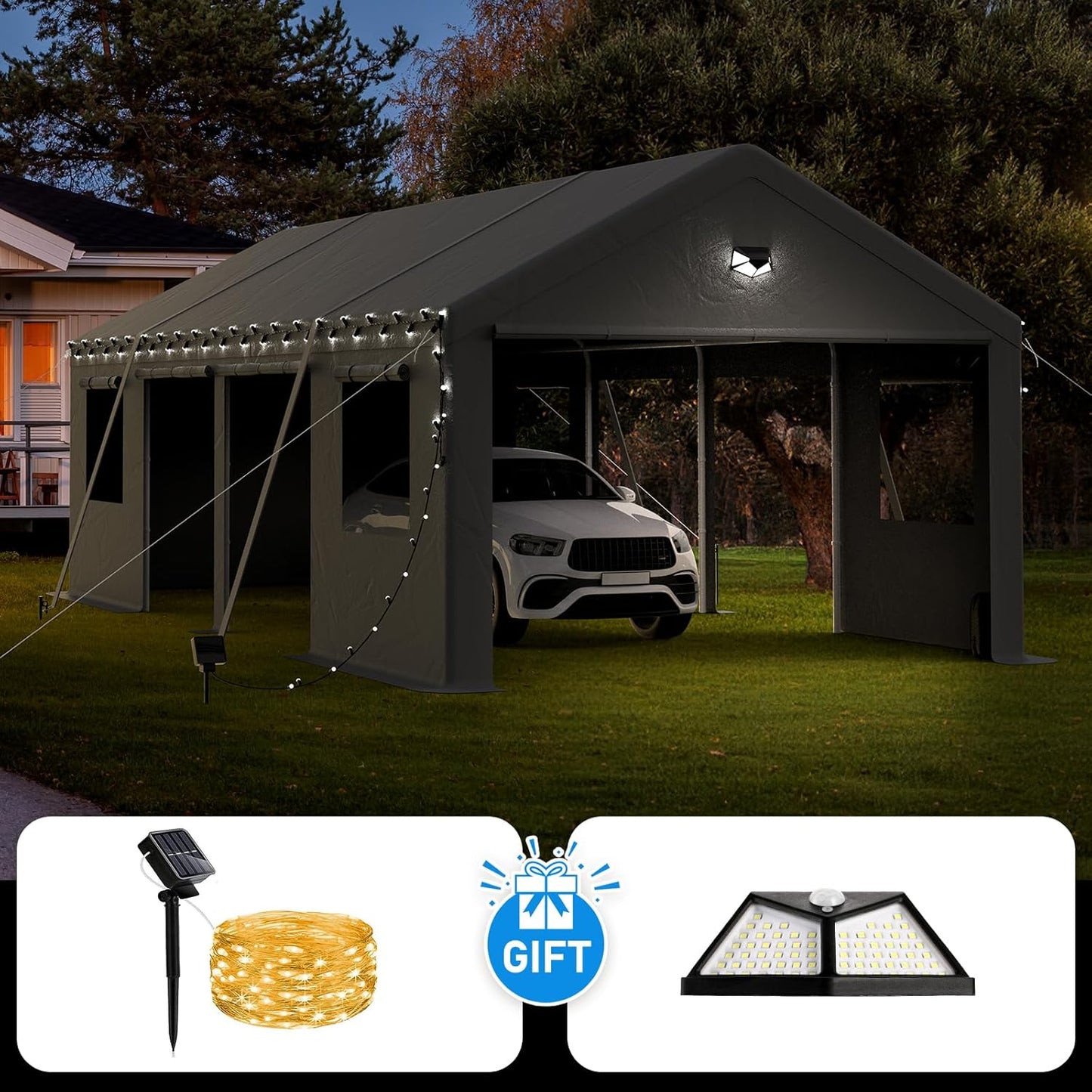 13x25 Carport, Heavy Duty Carport Canopy Garage with Removable Sidewalls and Drive Through Roll Up Zipper Doors & Side Doors, Grey